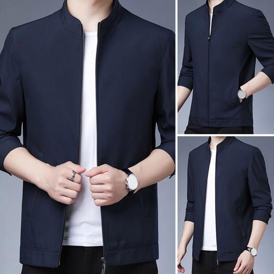 Мужское весенне-осеннее пальто с воротником-стойкой, однотонный кардиган на молнии с длинными рукавами, облегающий деловой костюм с карманами, мужской костюм, куртка