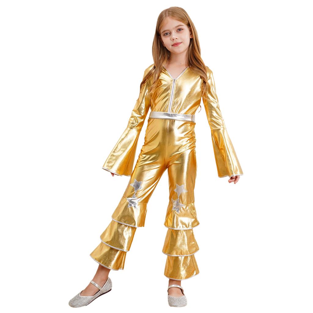Детский ретро диско-комбинезон 70-х, боди с рукавами-клеш и оборками и брюки-клеш, удобный костюм для танцевальной вечеринки, косплея