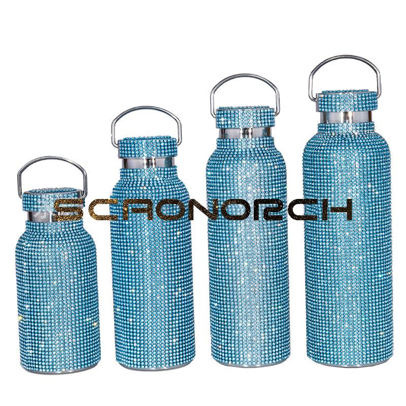 Sparkling Diamond Thermos Bottles Portable Glitter Rhinestone Water Bottle With Chain Double Wall Stainless Steel Thermal Flask