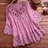 Plus Size Women Loose Shirt Half Sleeve with Lace Flower Embroidery