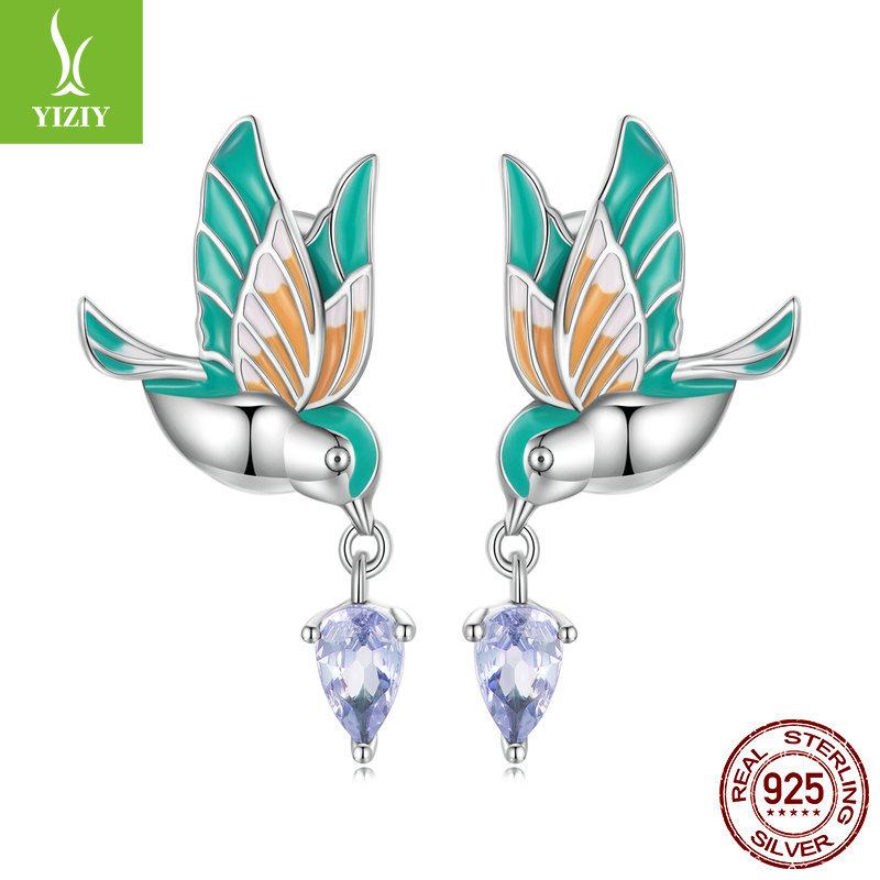 Design Drip Craft Kingfisher Stud Earring Set, Colorful Bird S925 Sterling Silver Jewelry