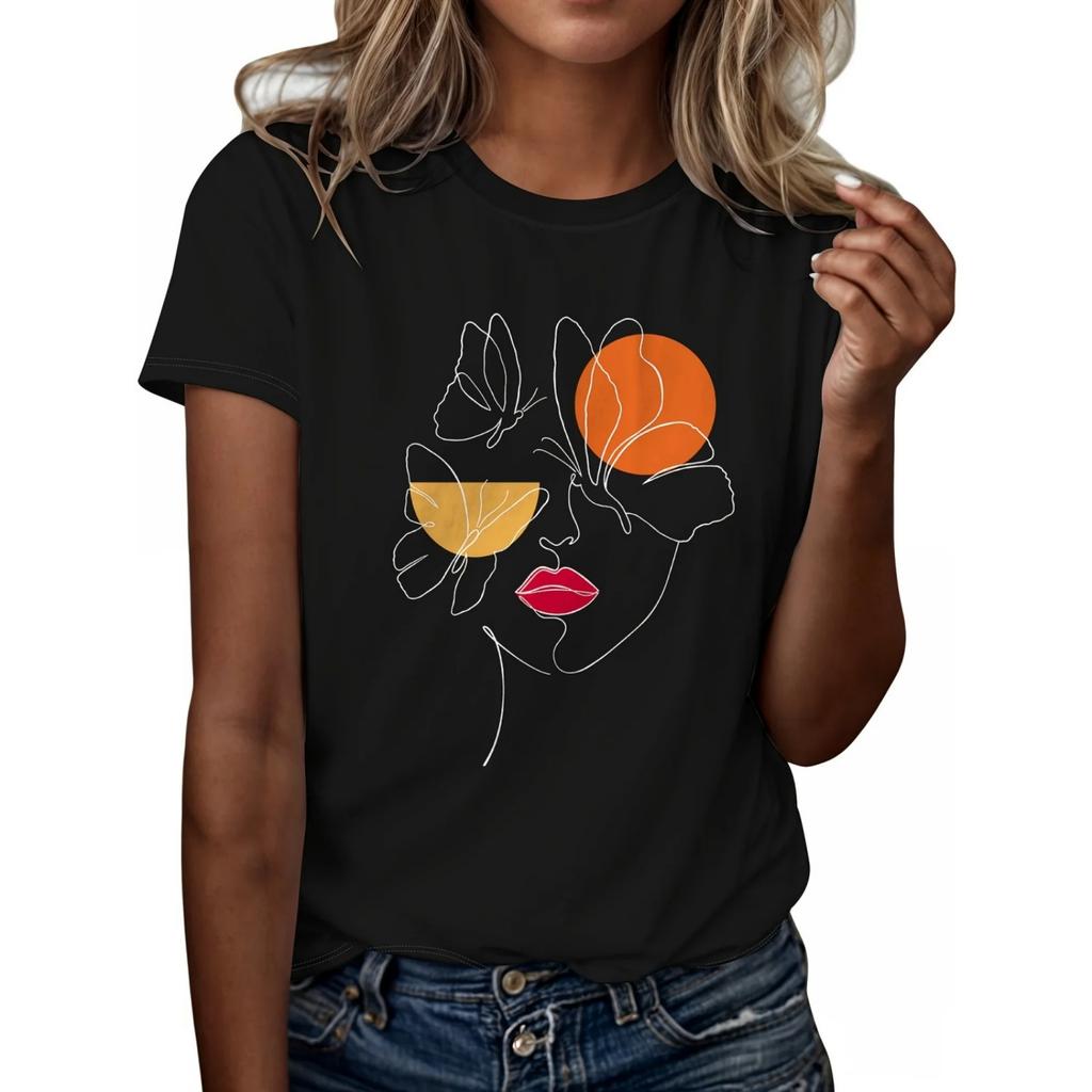 Casual Top for Summer & Spring Women's Clothing Figure Butterfly Print T-shirt Short Sleeve Crew Neck