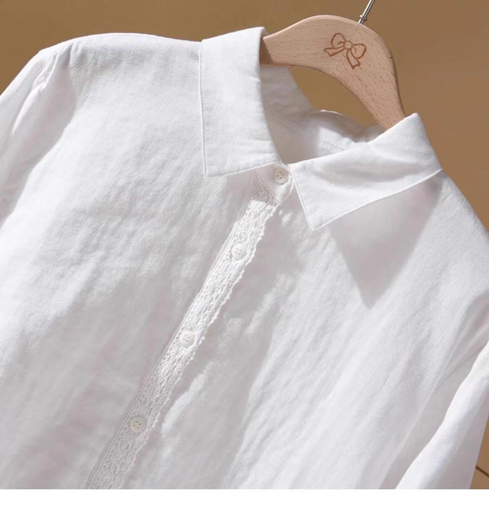Women's Retro Cotton & Linen Lace-Stitched Long Sleeve Shirt: Spring/Summer Collection