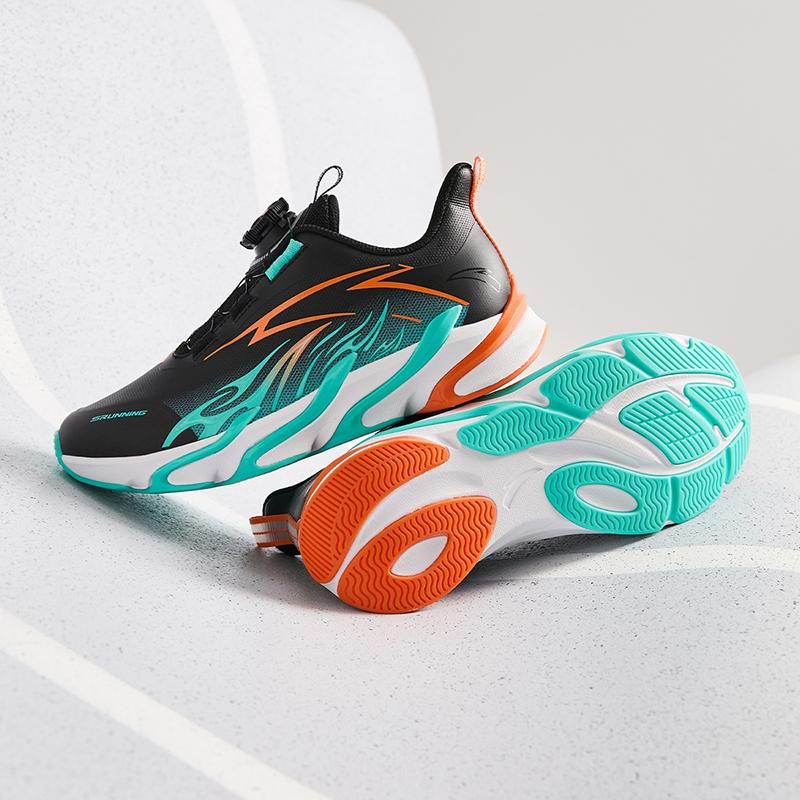 Anta Kids Synthetic Leather Comfortable Physical Test Lightweight Shock Absorption Low Top Running Shoes Kids Running Shoes Black Green A12435524N-1