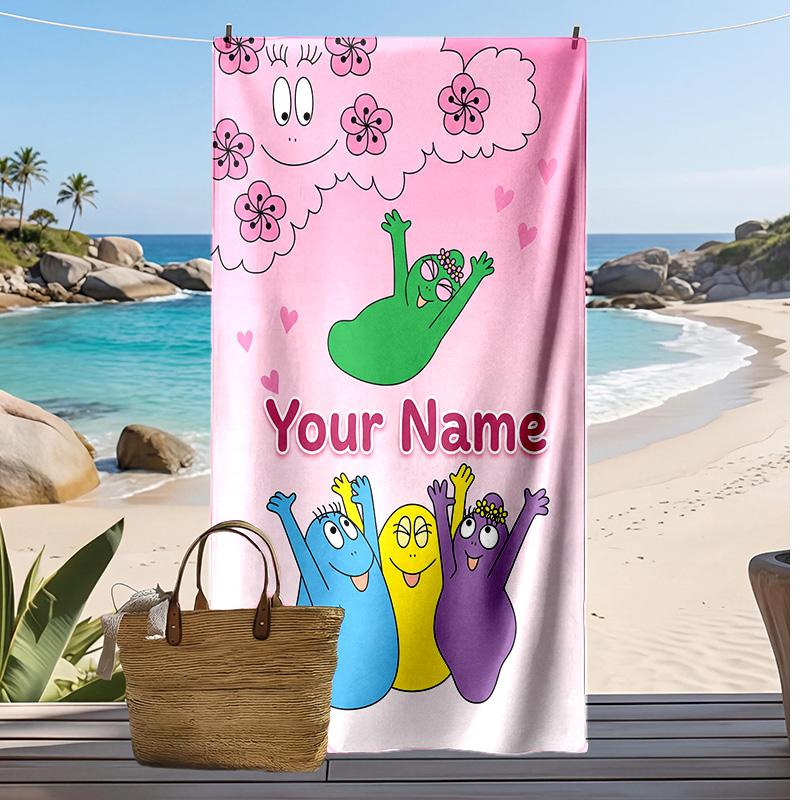 Barbapapa Custom Beach Towel, Print Your Name Text Lightweight Absorbent Towel for Swimming Travel