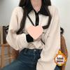 2025 Women's Color Block Lantern Sleeve Polo Collar Fleece-Lined Sweatshirt - Korean Style Loose Long Sleeve Top