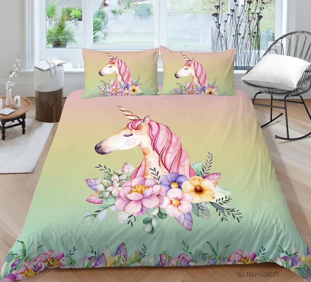 Unicorn Bedding Single Double Bed Full-size Cartoon Unicorn Printed Pillowcase and Quilt Cover 2 or 3 Home Decoration for Girls and Children's Room