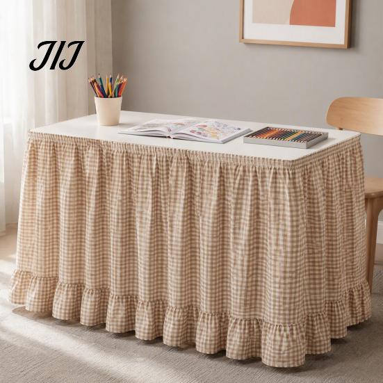 Conference Room Table Decoration 6Ft Gingham Skirt with Ruffled Edge, Checkered Teacher Desk Skirt, Pastoral Style Plaid Decor Hook And Loop Wrap for