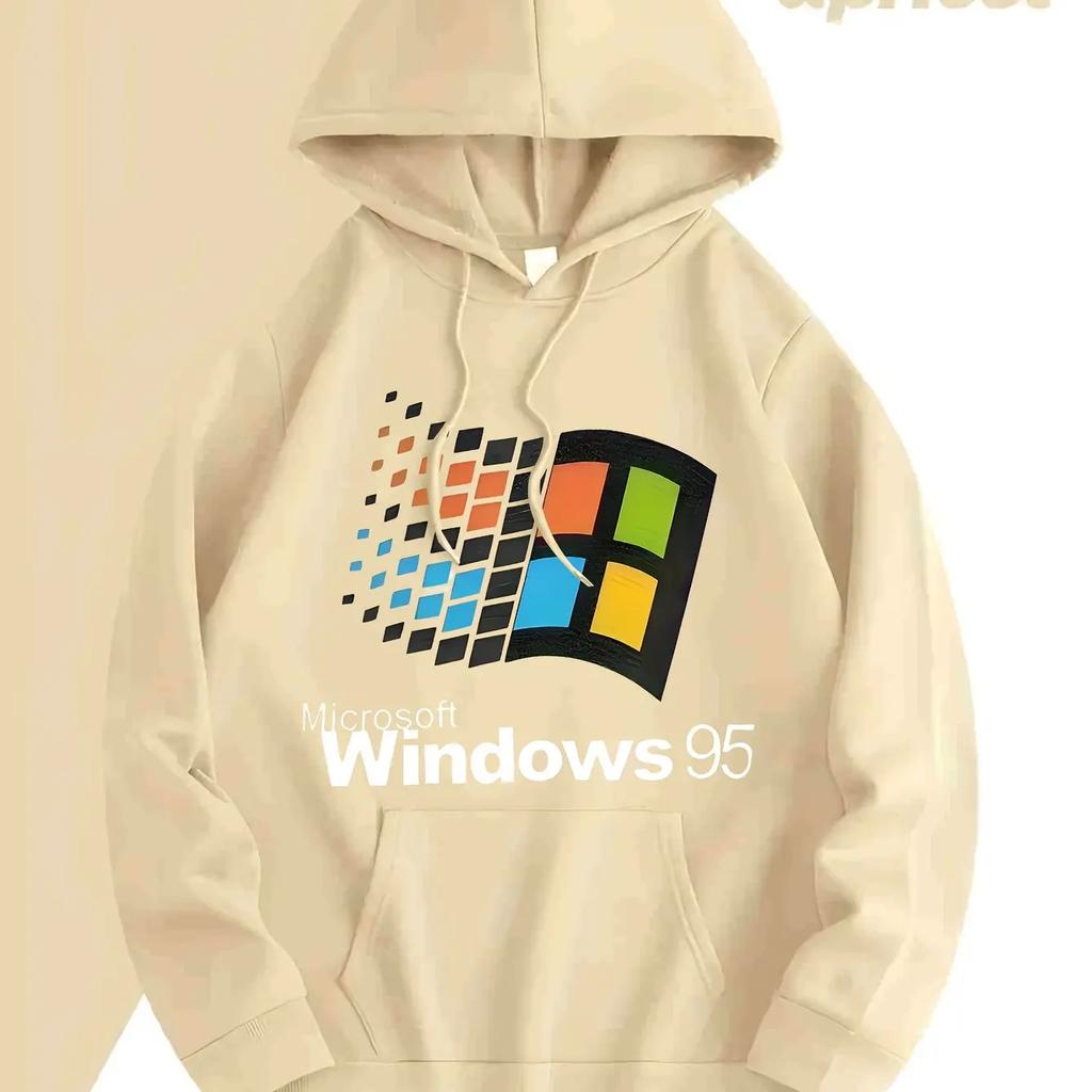 Men's Retro Windows 95 Graphic Hoodie Dark Grey Pullover Sweatshirt Retro Gaming Hoodie for Tech Enthusiasts