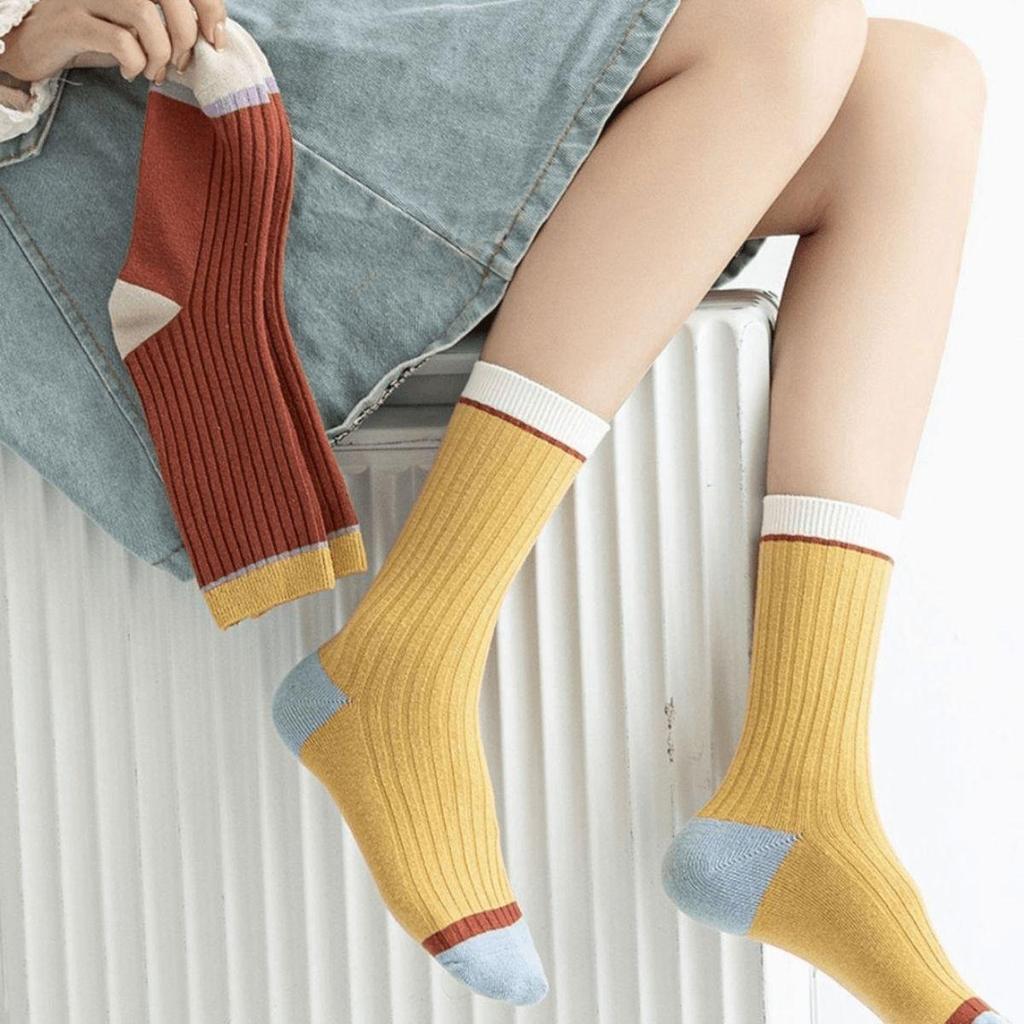 5 Pairs Women Candy Color Splicing Design Socks, Mid-tube Ribbed, Breathable, Sweat-absorbent, High Elastic