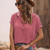 Лето 2025 г., свободная футболка с коротким рукавом и капюшоном, женская, элегантная, с пуговицами и V-образным вырезом, облегающая, повседневная, женская, модная, однотонная, простая, со шнурком, женская футболка 26480