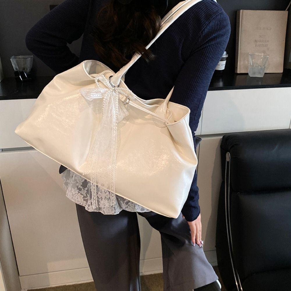 PU Leather Shoulder Bag Tote Bag with Bow Lace Pendant Versatile Armpit Bag Solid Color Large Capacity Underarm Bag Travel