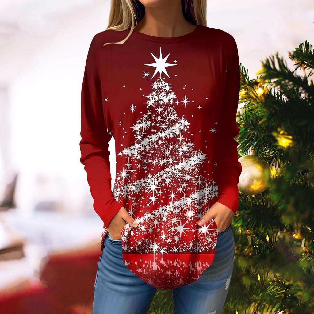 Женская свободная футболка с круглым вырезом и рождественским принтом, длинный рукав, топы, пуловер