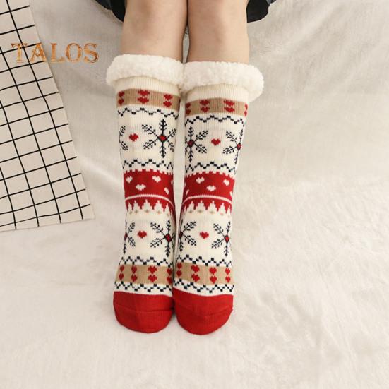 1 Pair Winter Floor Socks Thickened Fuzzy Plush Warmth Retention Christmas Elk Snowflake Print Leg Warmer Silicone Bottom Fall Winter Floor Socks