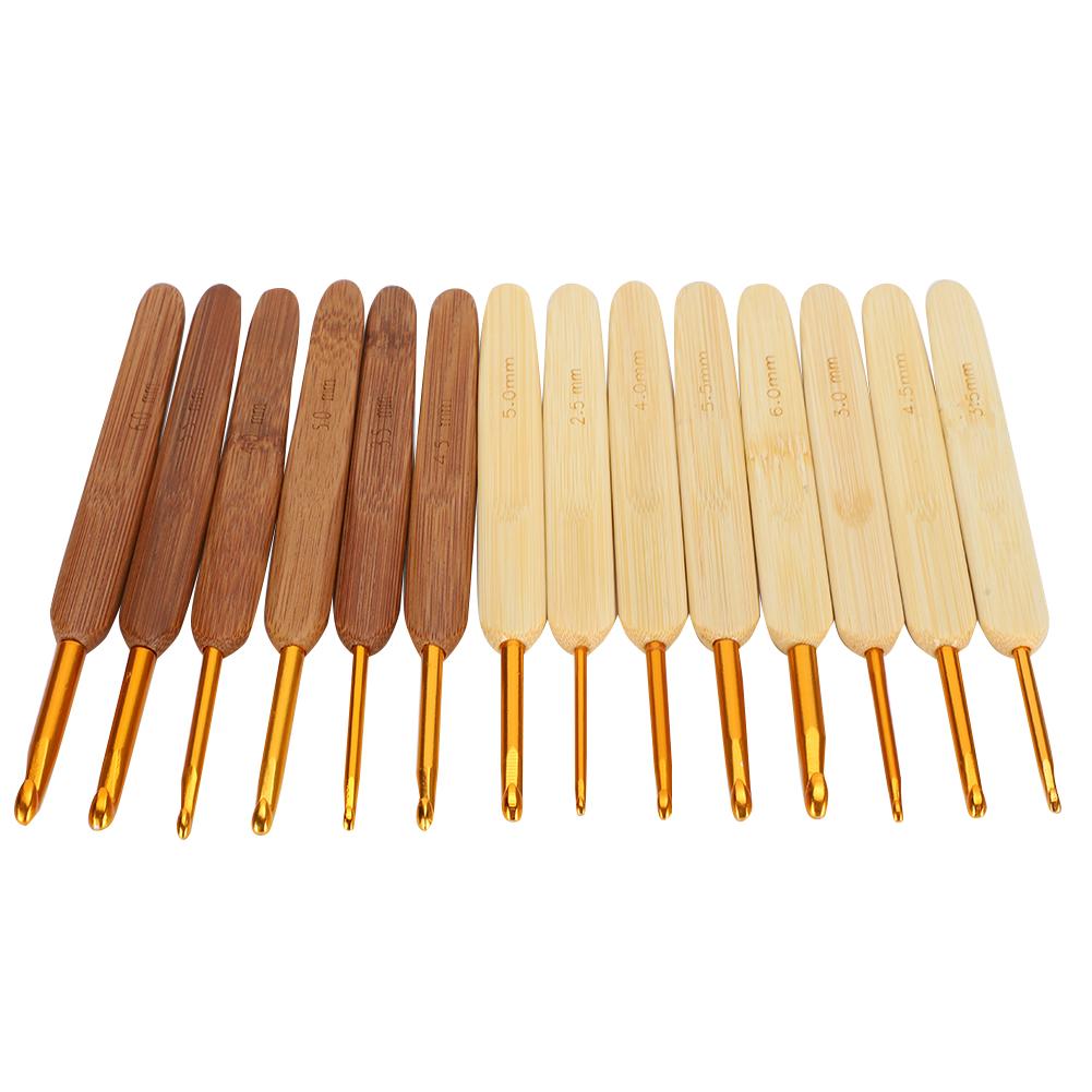 14PcsSet Gold Head Crochet Hook Pen Type Bamboo Carbonized Handle Knitting Needle