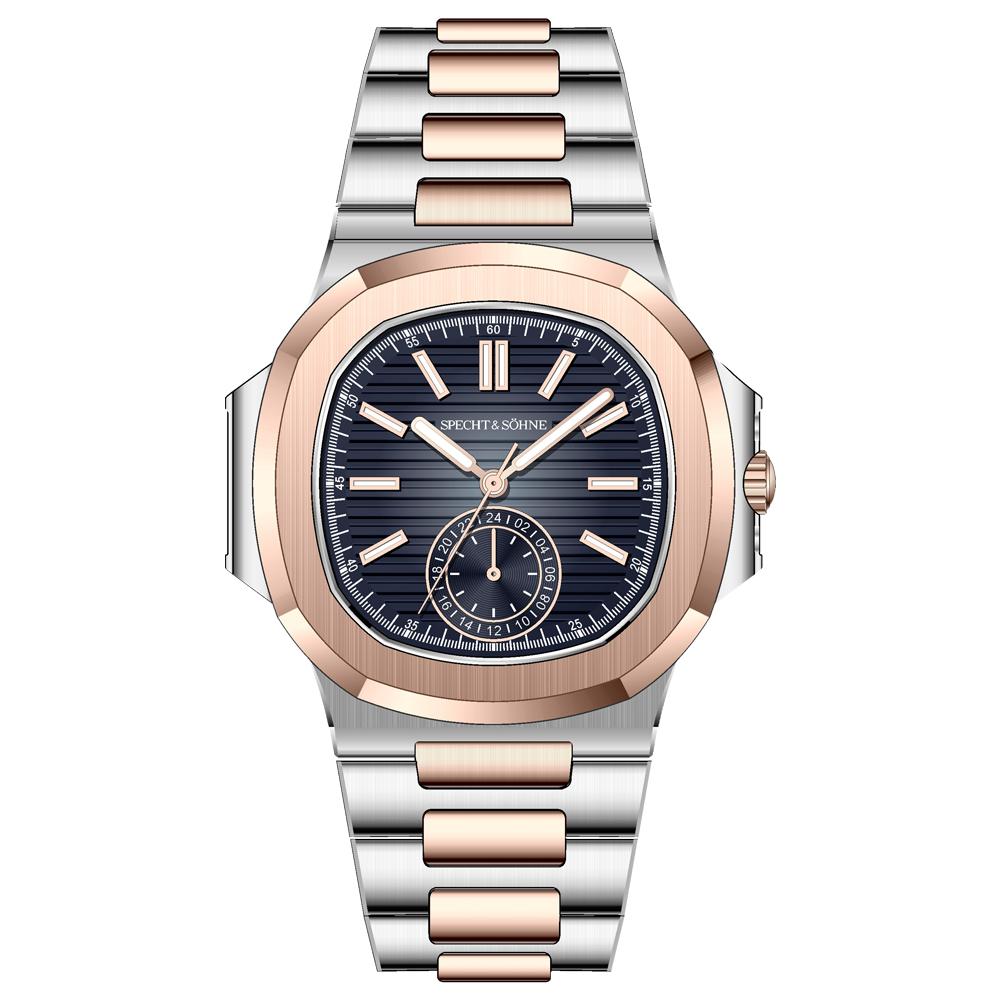 Specht & Söhne Men's Watch Classic 5980 Sports Wristwatch Japan VH60 Quartz Movement Rose Gold Sapphire Crystal 50M Waterproof