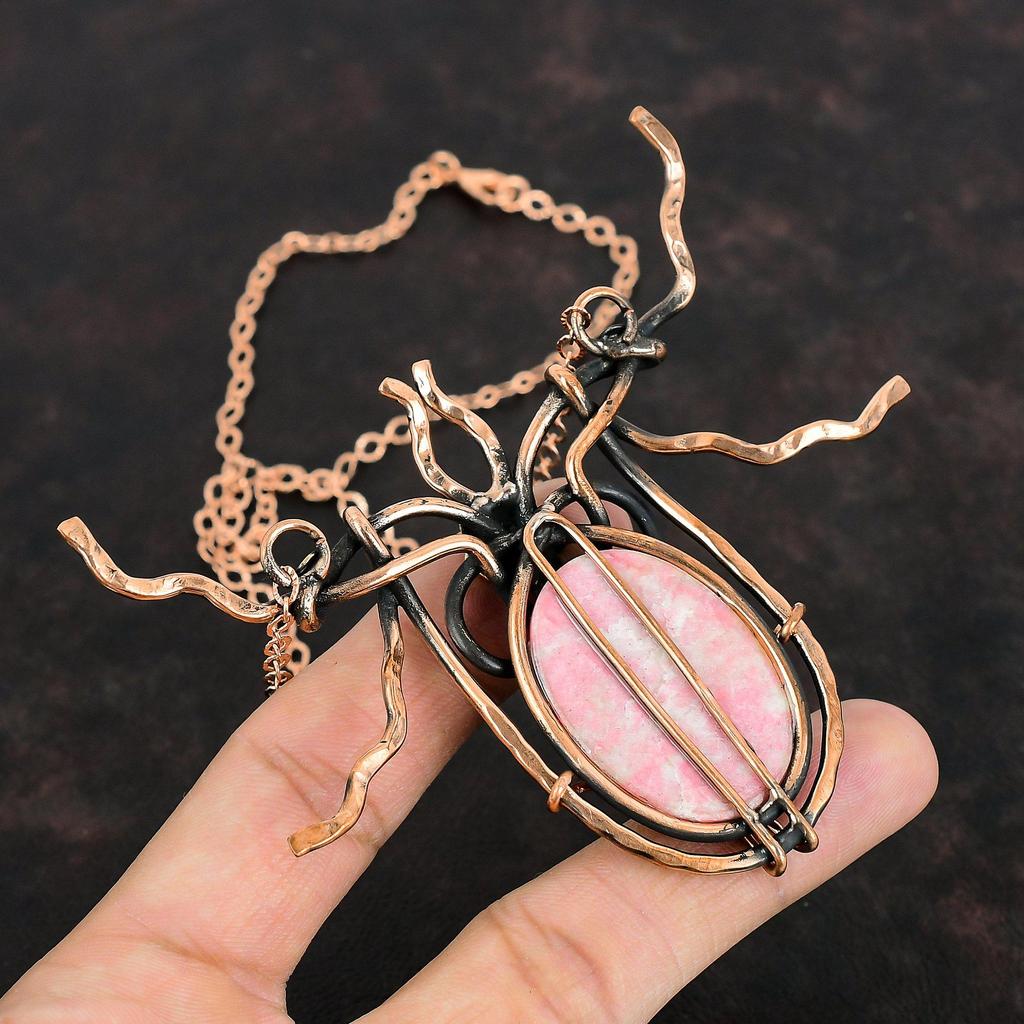 Thulite Gemstone Necklace Copper Wire Wrapped Handmade Jewelry Adjustable Chain Necklace Copper Wire Wrap Necklace Antique Jewelry For Gifts