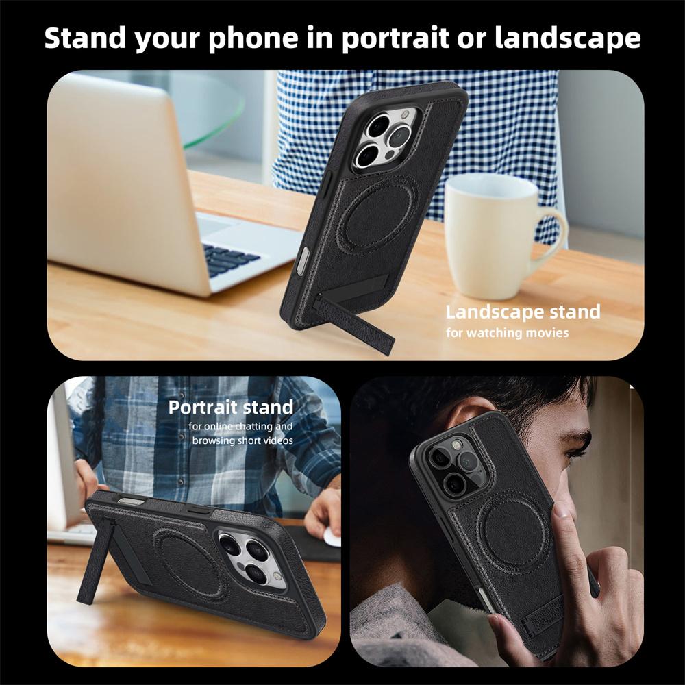 Модная кожаная чехол-подставка для телефона Magsafe для iPhone 16 Pro Max 15 14 13 12 11 С подставкой Сильный магнитный ударопрочный чехол