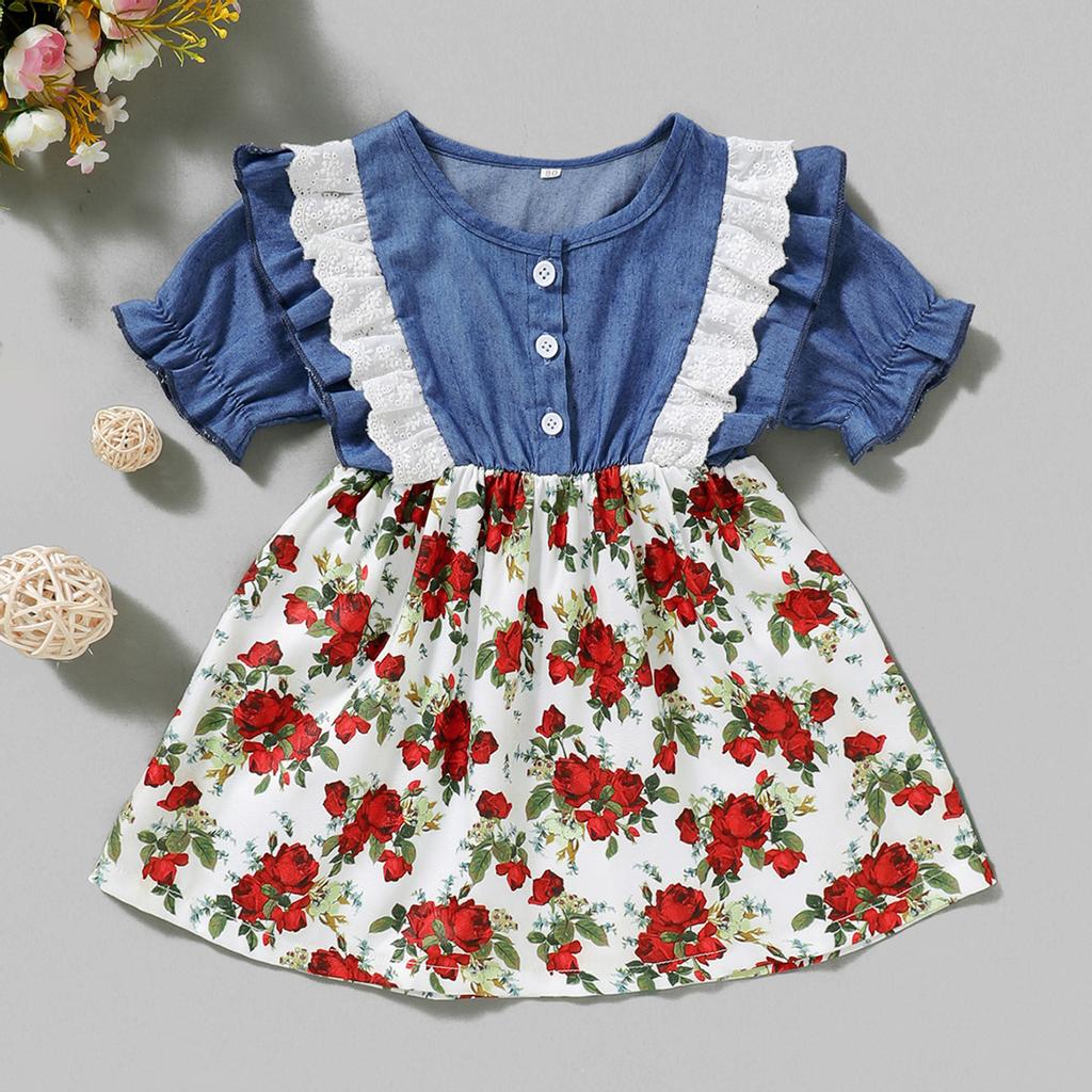 Для малышей, малышей, девочек, цветочные кружева, оборки, джинсовое платье, наряды принцессы, одежда