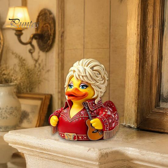 Country Music Icon Memorial Gift Parton Duck, Dolly Duck Figurine, Statue, Guitar-Themed Small Desktop Display Piece Decorative Sculpture for
