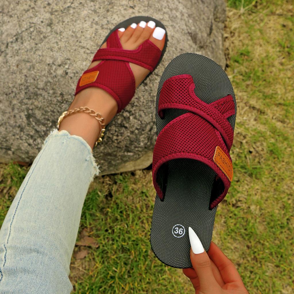 Breathable Mesh Fish Mouth Cover Toe Slippers Non-slip and Wear-resistant Soft-soled Beach Shoes Women's Slippers Large Size Shoes 36-43