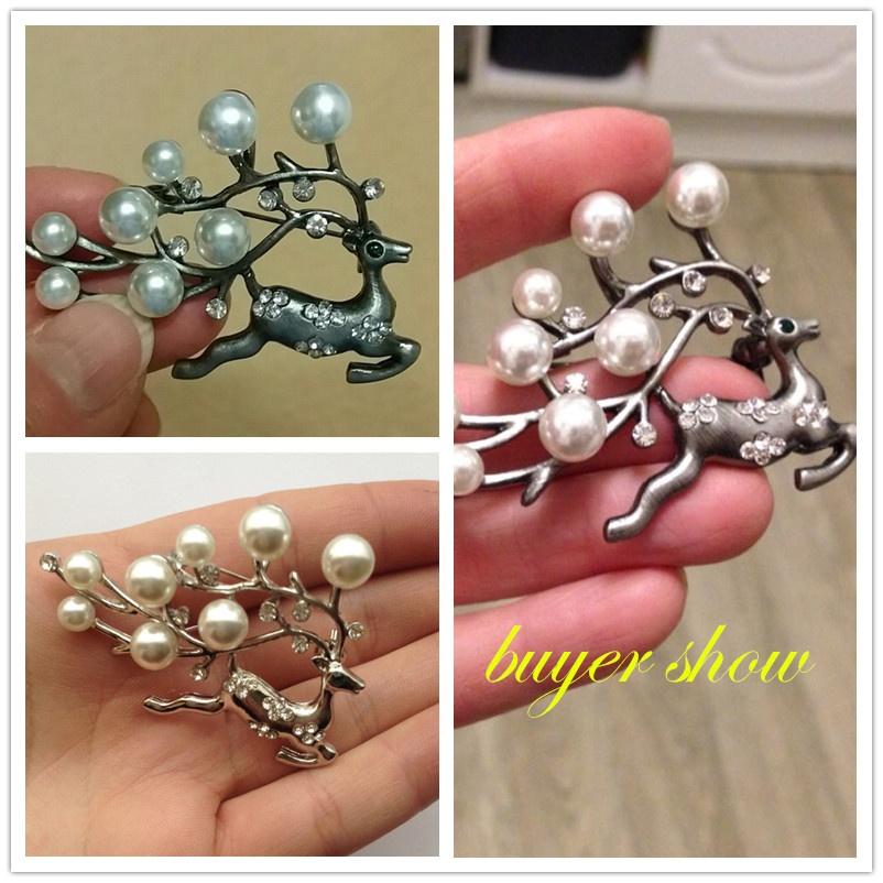 Cute Animal Deer Brooches Women Black Vintage Rhinestone & Simulated Pearl Brooch Pins Jewelry