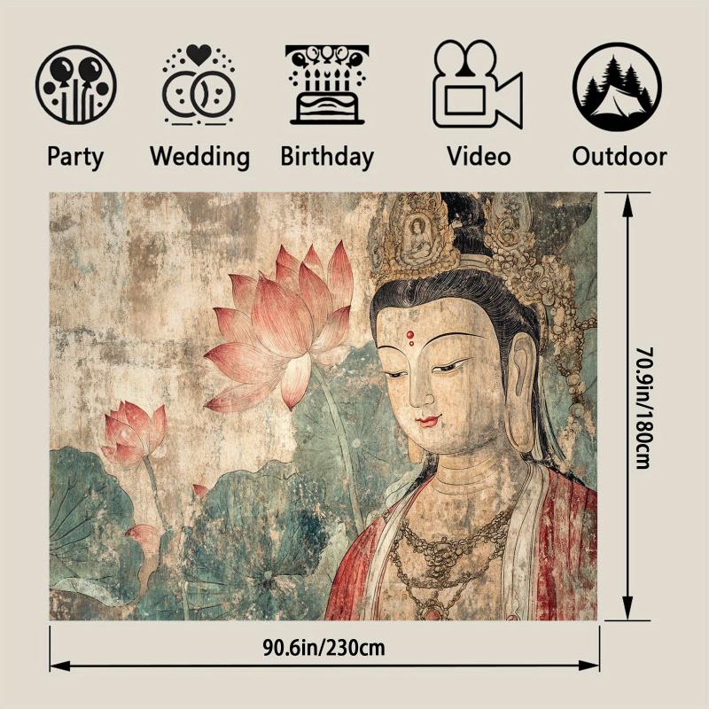 VIKAMA Zen Guanyin Lotus Tapestry Vintage Mural Style Tea Room Buddha Hall Living Room New Chinese Decoration