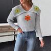 Short Top, Sweater, Large Lapel, Embroidered Flower Patchwork Pullover Sweater for Women
