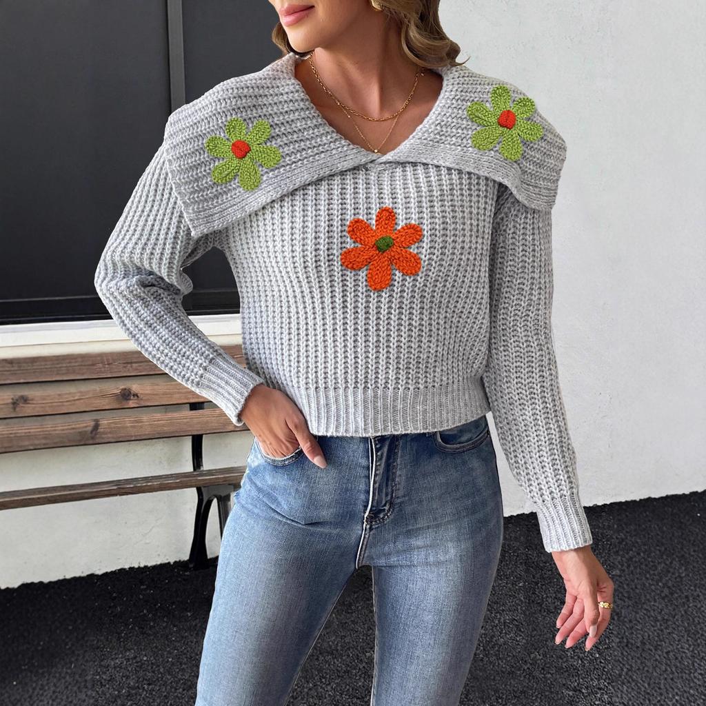 Short Top, Sweater, Large Lapel, Embroidered Flower Patchwork Pullover Sweater for Women