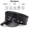 Women Large Belt Buckle Leather Hat Spring Autumn Sailor Hats Black Ladies Beret Cap Men Flat Top Captain Military Caps