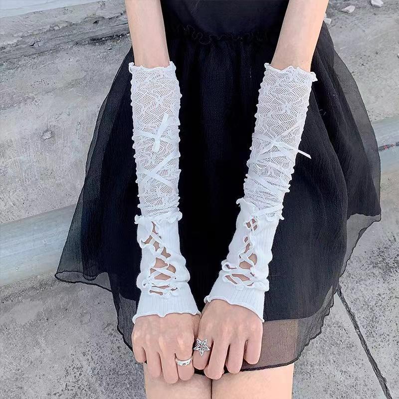 Women Lolita Jk Lace Fingerless Gloves Black Gothic Strapping Sunscreen Sleeve Clothing Accessories Elastic Mesh Punk Gloves