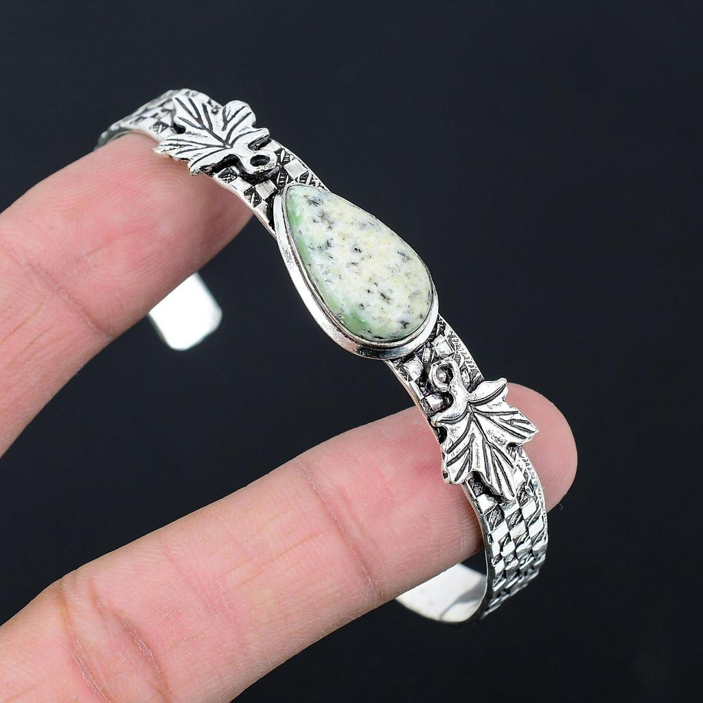 Birthday Gift For Her Natural K2 Jasper Bangle Leaf Adjustable 925 Silver