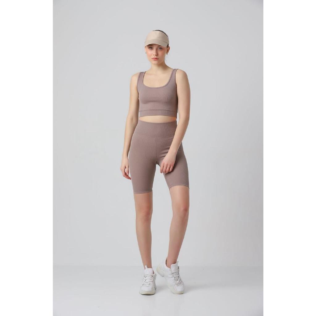 Black Comfortable Flexible Ribbed Sports Bra - Biker Tights Set