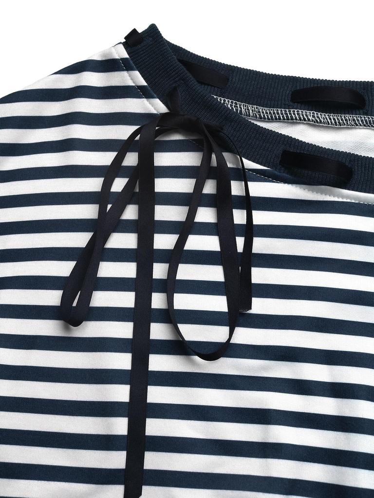 European American Retro Style Bow-Decorated One-Shoulder Striped Women's Hoodie