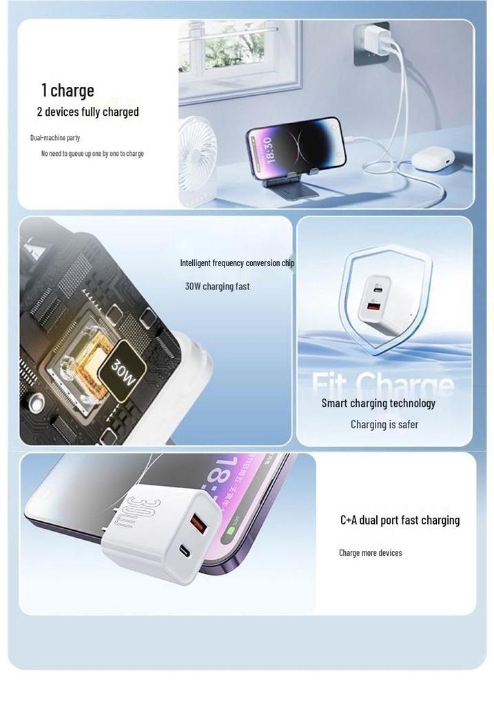 30-ваттное быстрое зарядное устройство GaN с двумя портами для iPhone 15 Pro Max