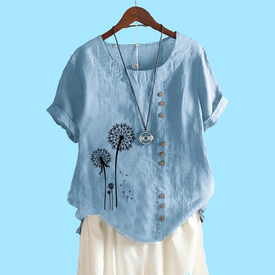 Women Fashion Cotton Linen Top Blouse Summer&fall Short Sleeve T-shirt Laides Casual Floral Print Loose Blouse