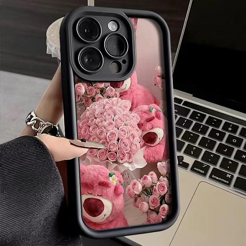 Розовый медведь с клубникой и розой для чехла телефона Apple 15Promax iPhone16Pro милый 14 цветов 17Pro