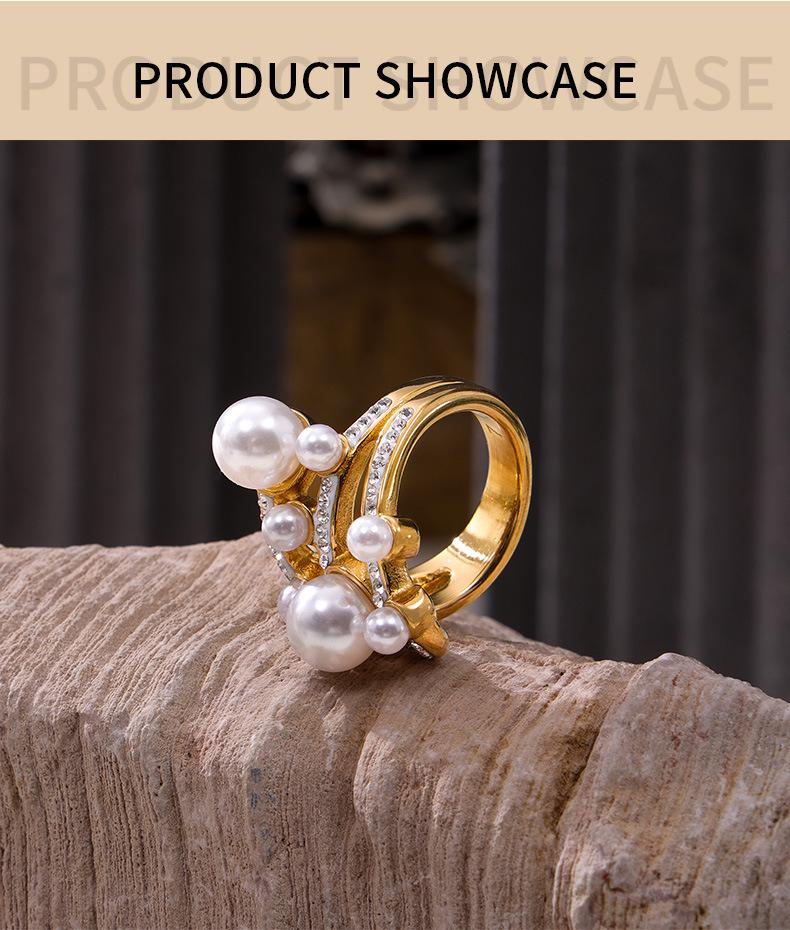 Элегантное кольцо в корейском стиле с жемчугом и бриллиантами - титановая сталь с покрытием из 18-каратного золота