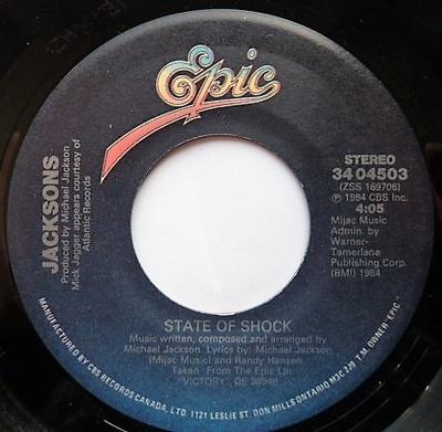 7-дюймовая пластинка JACKSONS - State Of Shock 3404503 Epic 1984 Канада Танцевальная и Электронная Б/У