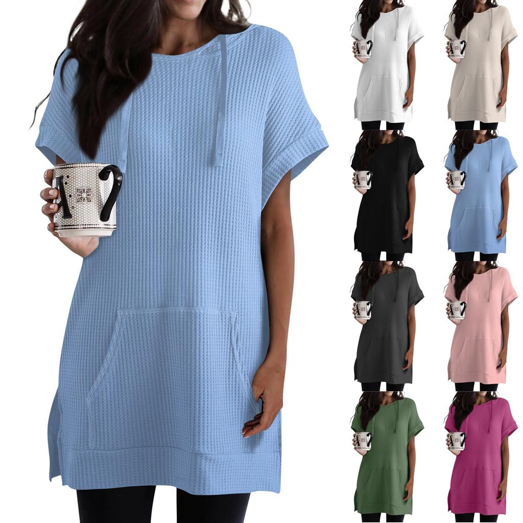 Women's Solid Color Loose Shirts Short Sleeve Drawstring Hoodies Knit Side Slit Tunic Hooded Tops With Pocket
