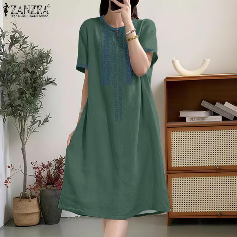 ZANZEA Women Casual Round Neck Summer Short Sleeve Print Dress