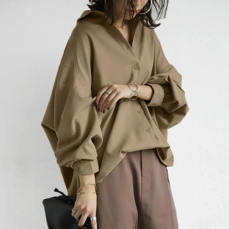 Women Turn-Down Collar Long Sleeve Loose Shirts Casual Solid Shirts