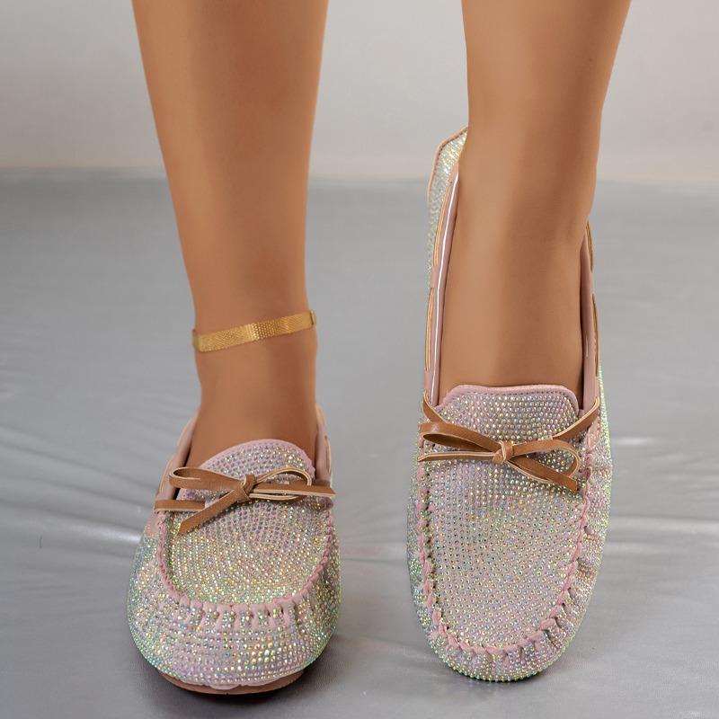 Fashion Spring New Large-sized Single-shoe Women's Leopard Print One-foot Soft Sole Comfortable Bow Full Diamond Loafers