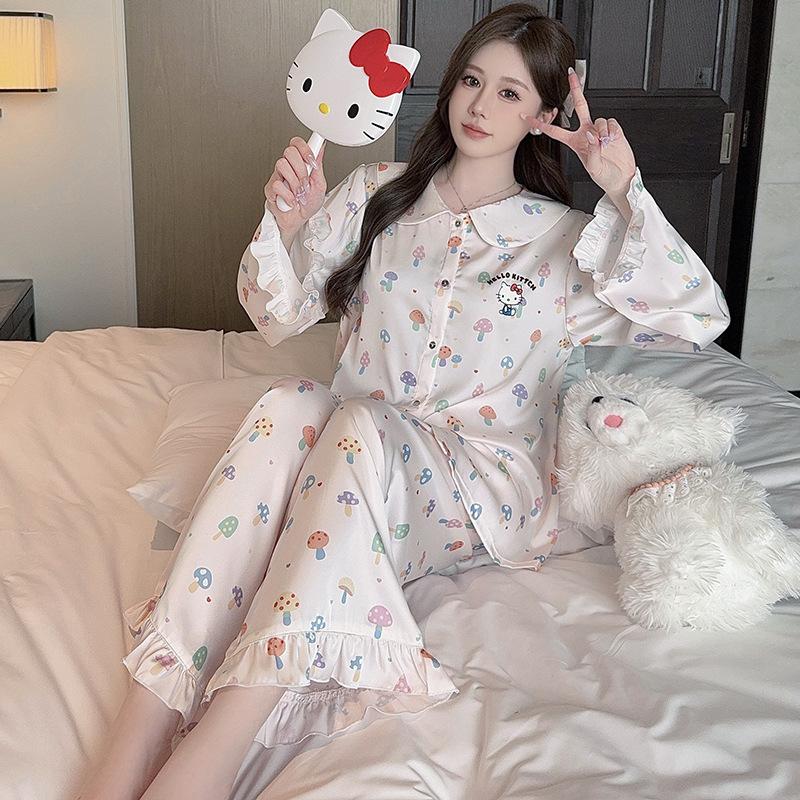 1011 new ice silk women's pajamas, long sleeves and trousers, color printed high-end loungewear set can be worn outside