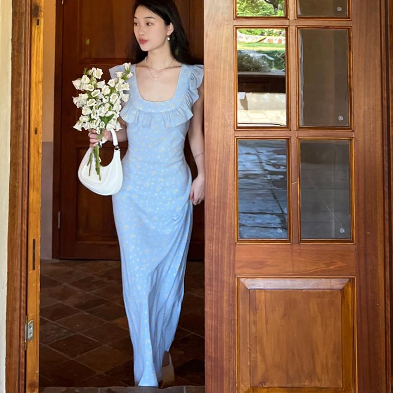 Милые платья миди с принтом для женщин с развевающимися рукавами для девочек, милые винтажные пляжные платья с оборками и цветочным принтом, макси, облегающее платье без рукавов, летнее