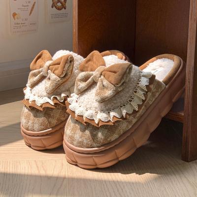 Повседневные полутапочки Baotou женские 2024 новые зимние модные кожаные кроссовки с бантом на танкетке женские домашние тапочки на платформе