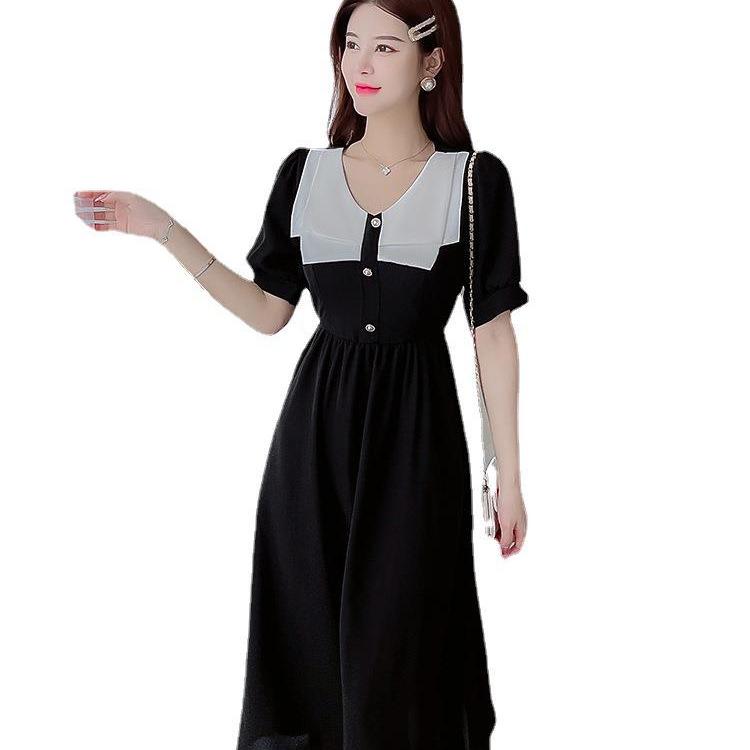 French retro tea break Hepburn style A-shaped skirt for women's summer new temperament waist and thin small black dress