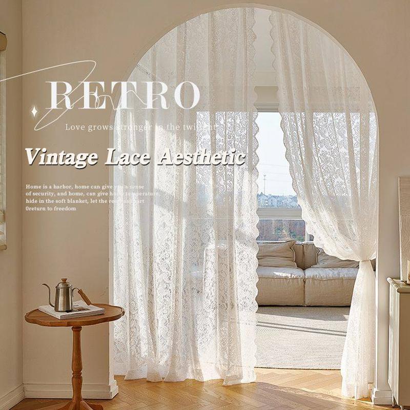 2/1Pcs Vintage Lace Curtains French Style Floral Sheer Curtains Rod Pocket Window Drapes For Living Room Bedroom Decoration