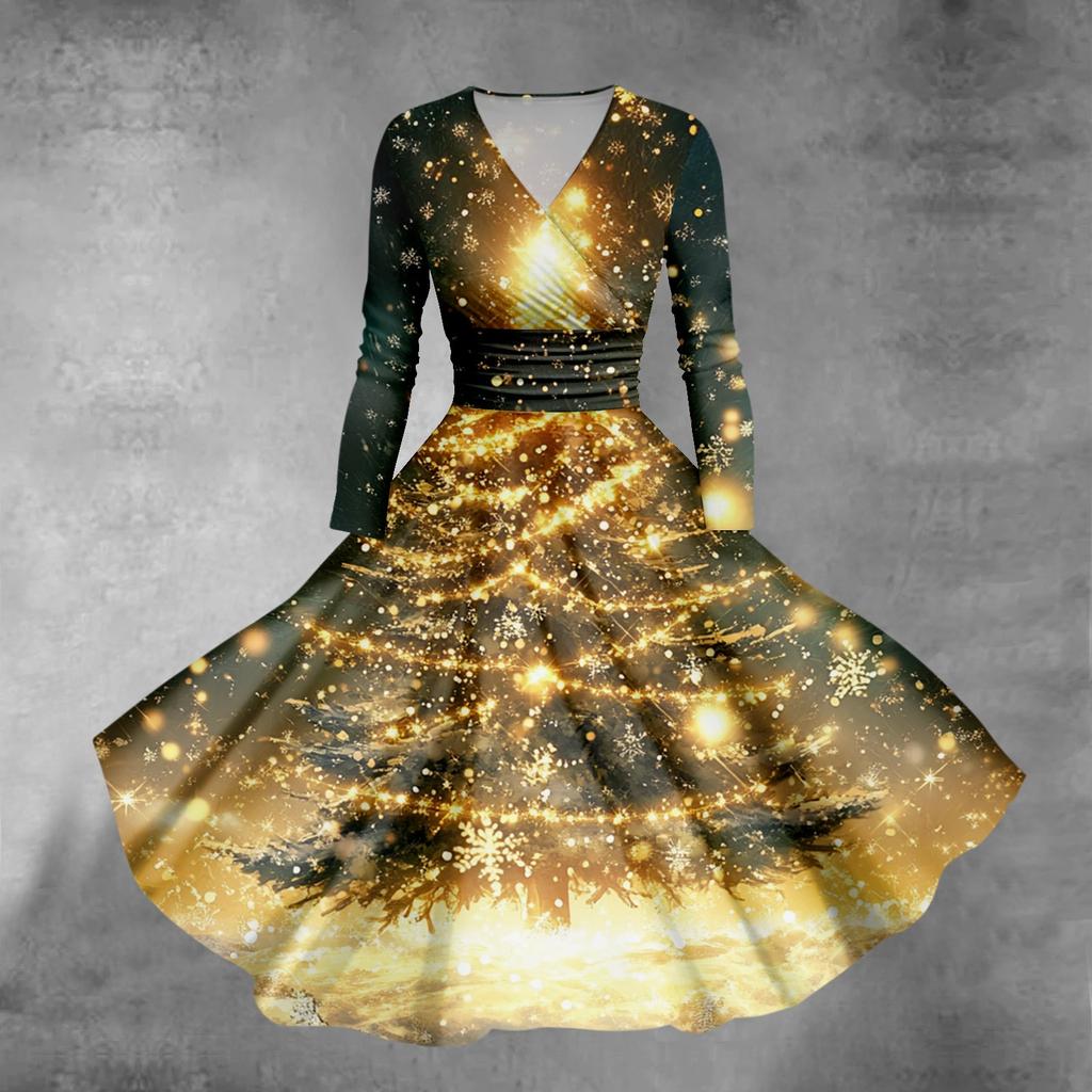 Женское облегающее платье свободного кроя с принтом рождественской елки и снежинок, V-образным вырезом и длинными рукавами