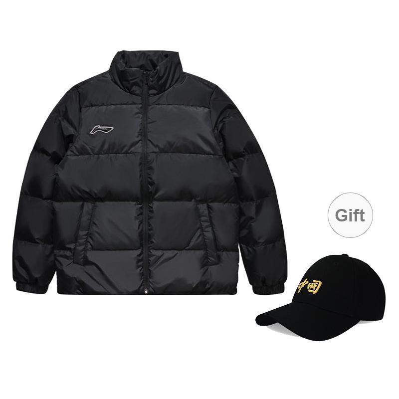 Теплая короткая куртка-пуховик с принтом логотипа Li Ning, повседневная, на молнии, с воротником-стойкой, унисекс, черная YMRU023-1